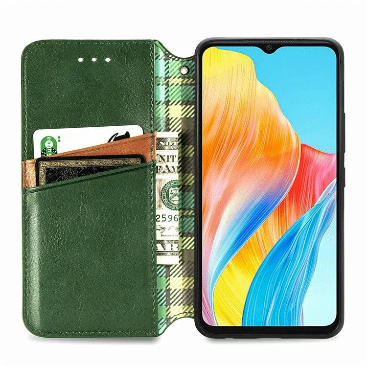 For Oppo A38 4G / A18 4G Magnetic Case Imprinted Rhombus Pattern Wallet Phone Protector
