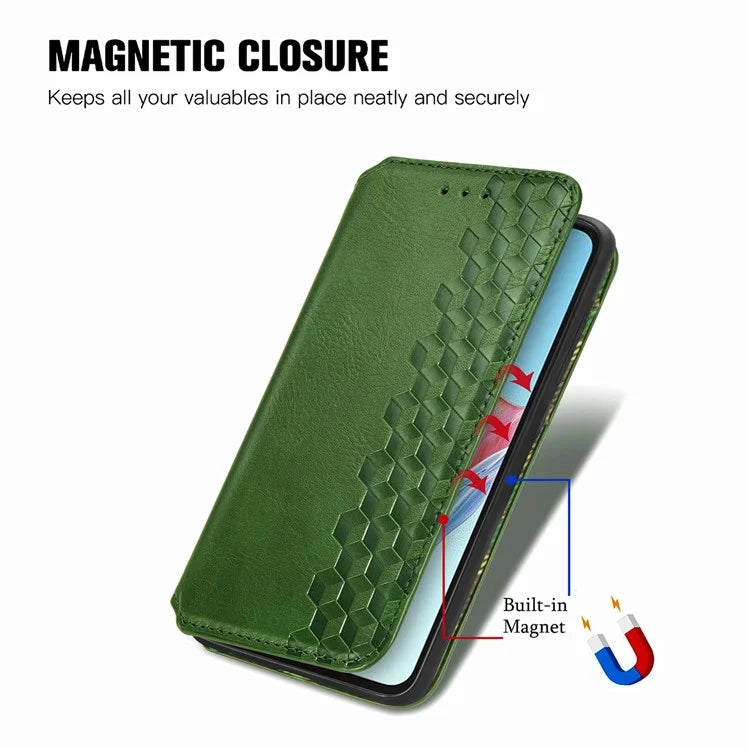 For Oppo A38 4G / A18 4G Magnetic Case Imprinted Rhombus Pattern Wallet Phone Protector