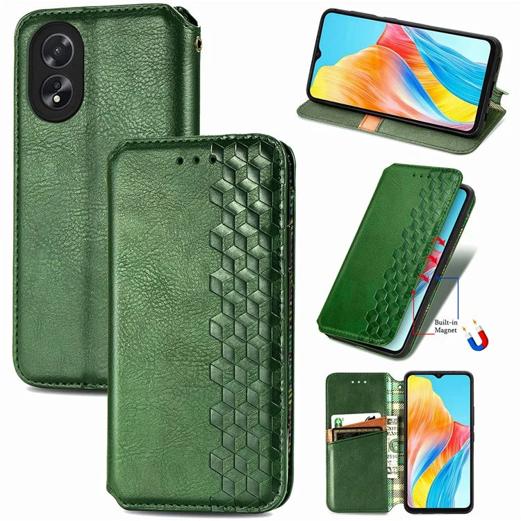For Oppo A38 4G / A18 4G Magnetic Case Imprinted Rhombus Pattern Wallet Phone Protector