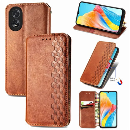 For Oppo A38 4G / A18 4G Magnetic Case Imprinted Rhombus Pattern Wallet Phone Protector