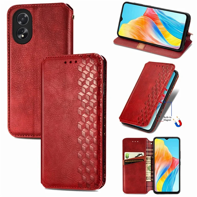 For Oppo A38 4G / A18 4G Magnetic Case Imprinted Rhombus Pattern Wallet Phone Protector