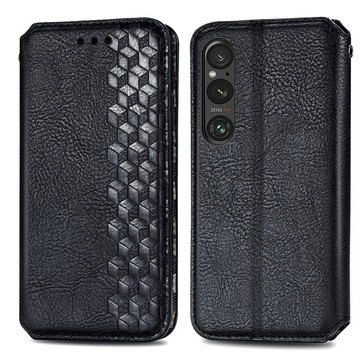 For Sony Xperia 1 V Case PU Leather Wallet Phone Cover with Rhombus Pattern