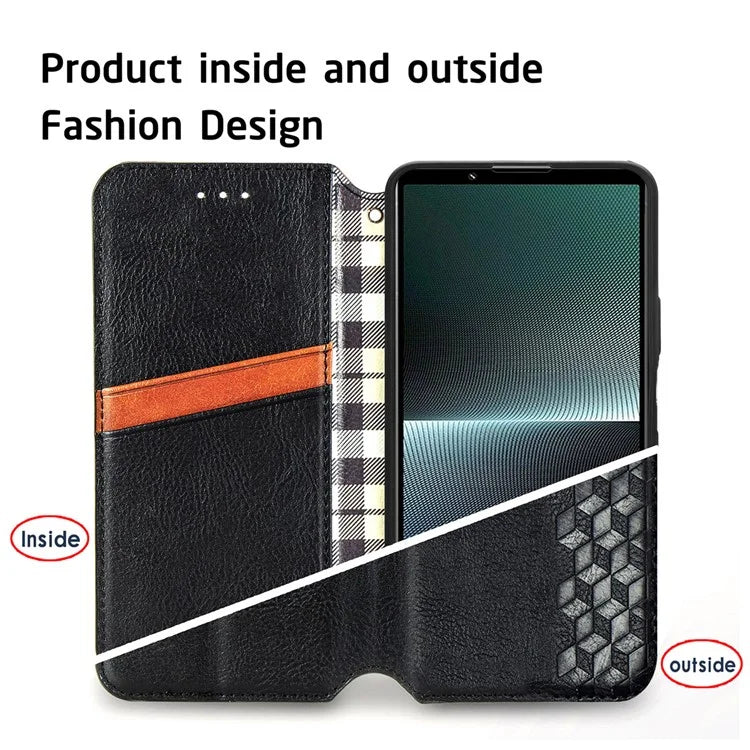 For Sony Xperia 1 V Case PU Leather Wallet Phone Cover with Rhombus Pattern