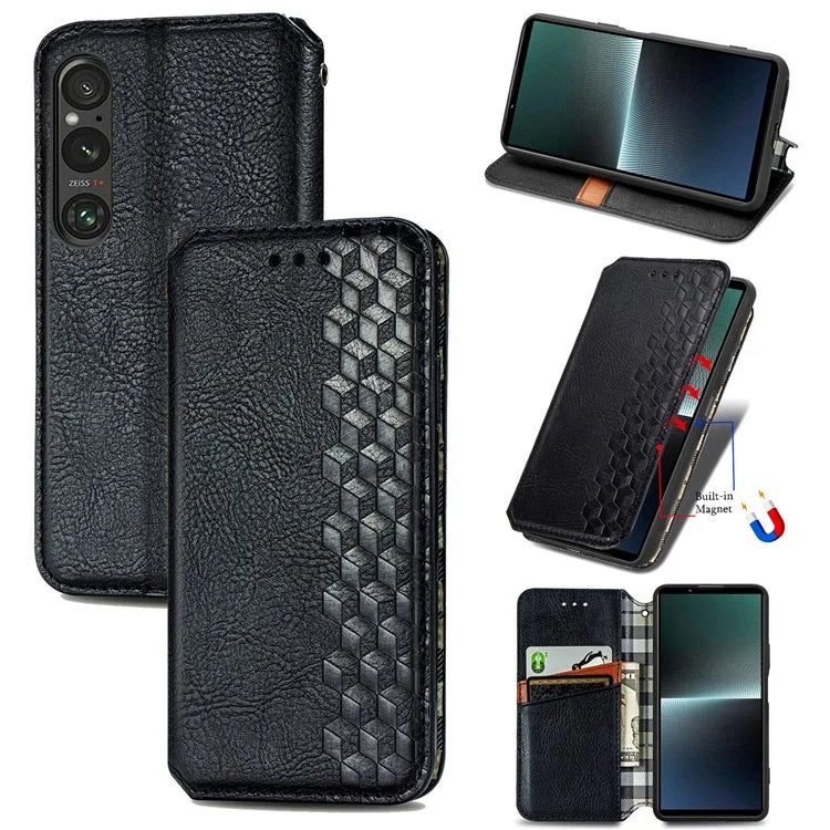 For Sony Xperia 1 V Case PU Leather Wallet Phone Cover with Rhombus Pattern