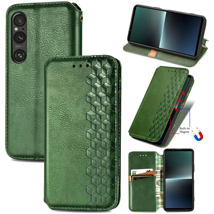 For Sony Xperia 1 V Case PU Leather Wallet Phone Cover with Rhombus Pattern