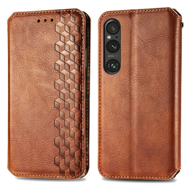 For Sony Xperia 1 V Case PU Leather Wallet Phone Cover with Rhombus Pattern