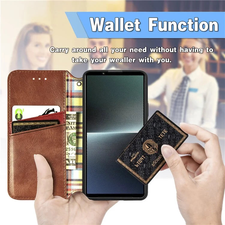 For Sony Xperia 1 V Case PU Leather Wallet Phone Cover with Rhombus Pattern