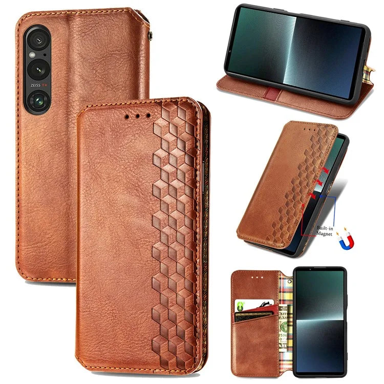 For Sony Xperia 1 V Case PU Leather Wallet Phone Cover with Rhombus Pattern