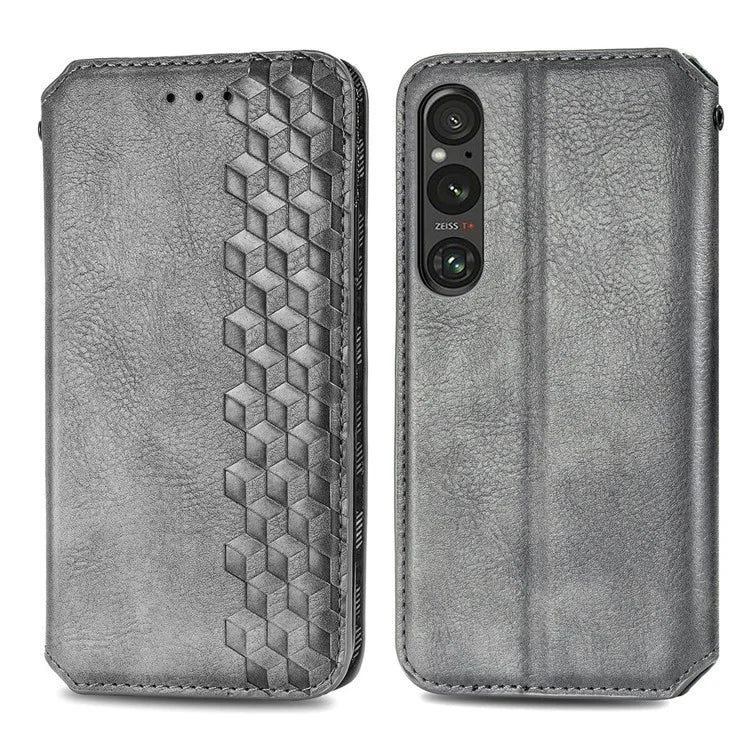 For Sony Xperia 1 V Case PU Leather Wallet Phone Cover with Rhombus Pattern