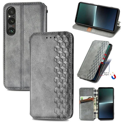 For Sony Xperia 1 V Case PU Leather Wallet Phone Cover with Rhombus Pattern
