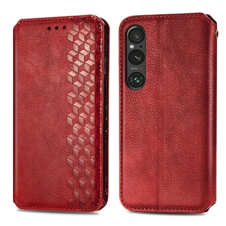 For Sony Xperia 1 V Case PU Leather Wallet Phone Cover with Rhombus Pattern