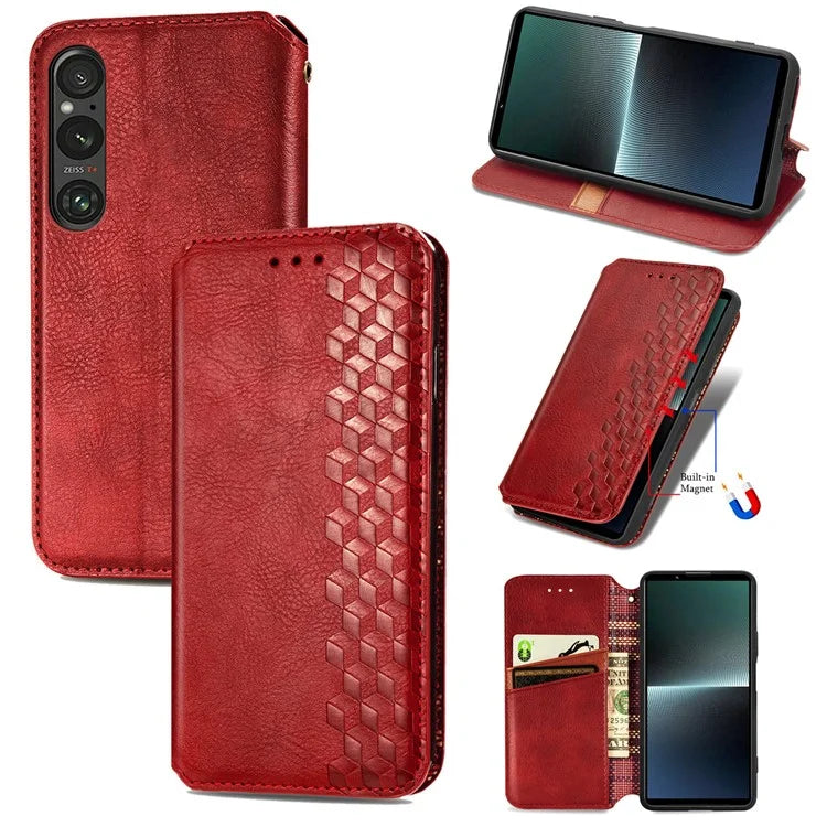For Sony Xperia 1 V Case PU Leather Wallet Phone Cover with Rhombus Pattern