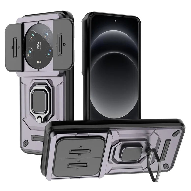 For Xiaomi 14 Ultra Case PC+TPU Kickstand Phone Shell with Slide Lens Cover