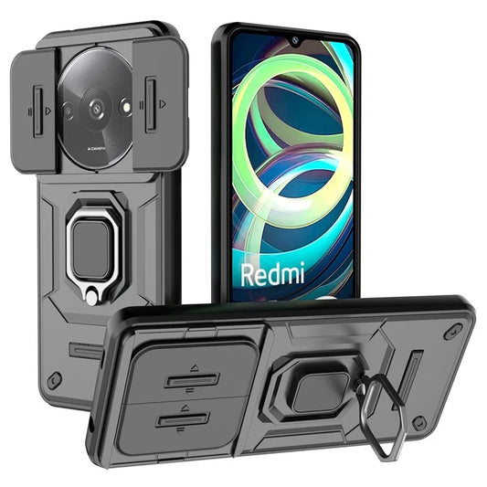For Xiaomi Redmi A3 Case with Slide Camera Cover Ring Kickstand PC+TPU Phone Shell Protector