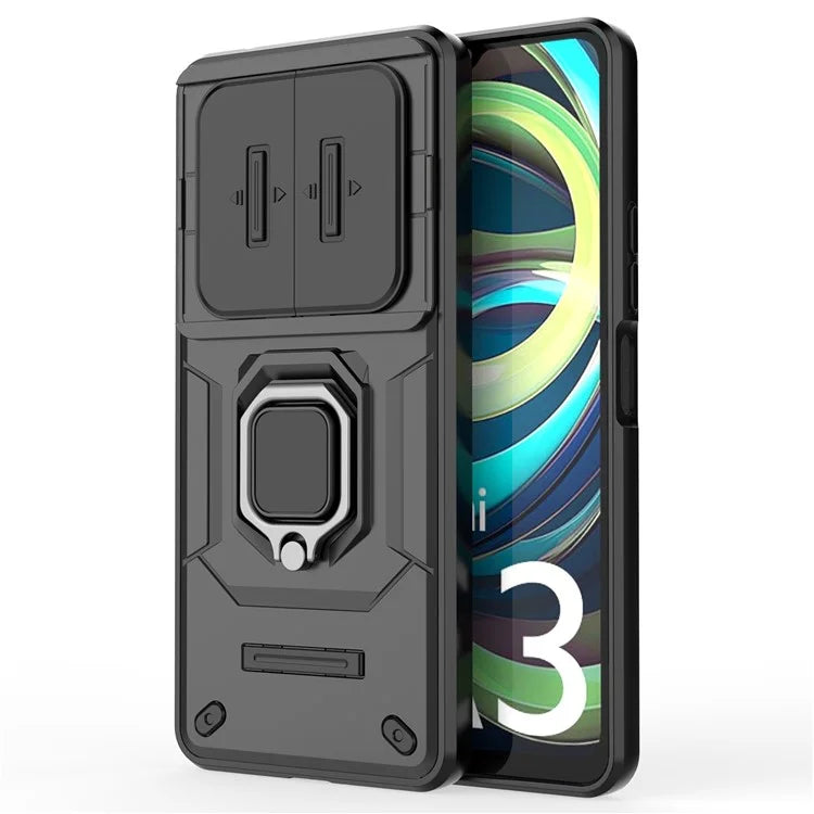 For Xiaomi Redmi A3 Case with Slide Camera Cover Ring Kickstand PC+TPU Phone Shell Protector