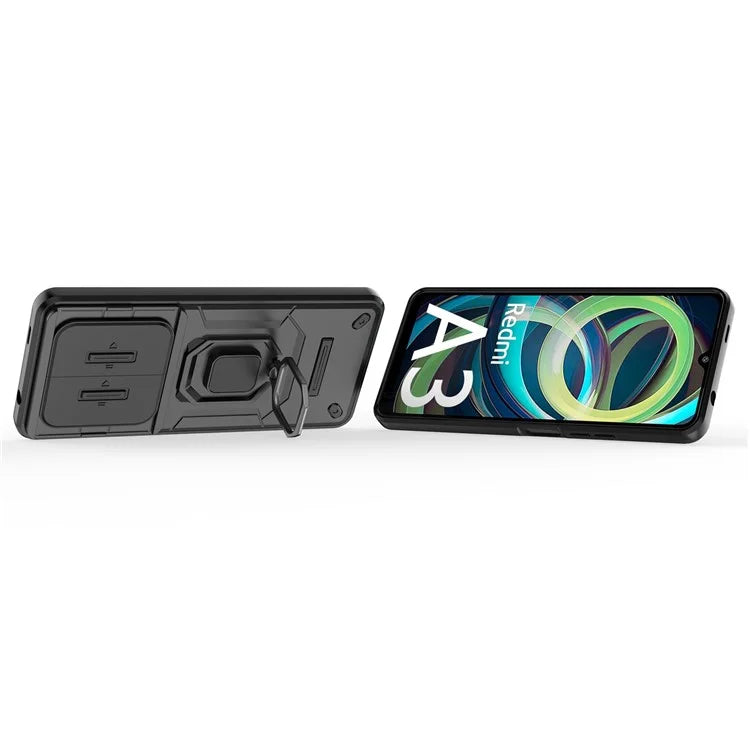 For Xiaomi Redmi A3 Case with Slide Camera Cover Ring Kickstand PC+TPU Phone Shell Protector