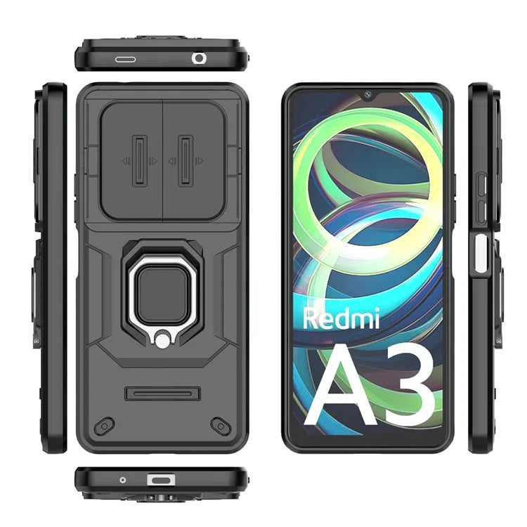 For Xiaomi Redmi A3 Case with Slide Camera Cover Ring Kickstand PC+TPU Phone Shell Protector