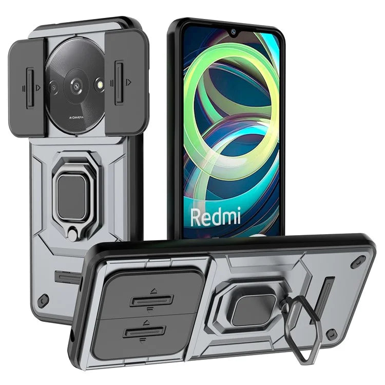 For Xiaomi Redmi A3 Case with Slide Camera Cover Ring Kickstand PC+TPU Phone Shell Protector