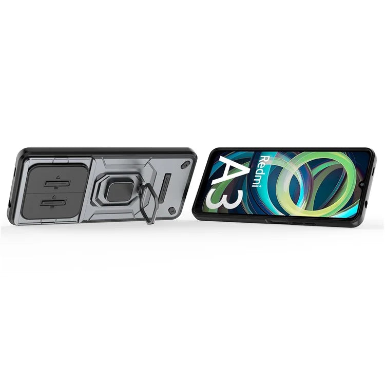 For Xiaomi Redmi A3 Case with Slide Camera Cover Ring Kickstand PC+TPU Phone Shell Protector
