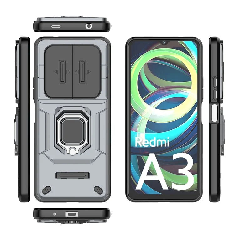 For Xiaomi Redmi A3 Case with Slide Camera Cover Ring Kickstand PC+TPU Phone Shell Protector
