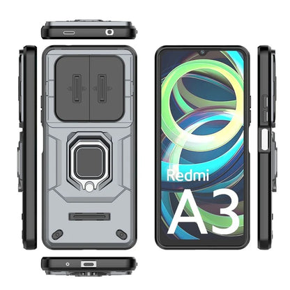 For Xiaomi Redmi A3 Case with Slide Camera Cover Ring Kickstand PC+TPU Phone Shell Protector