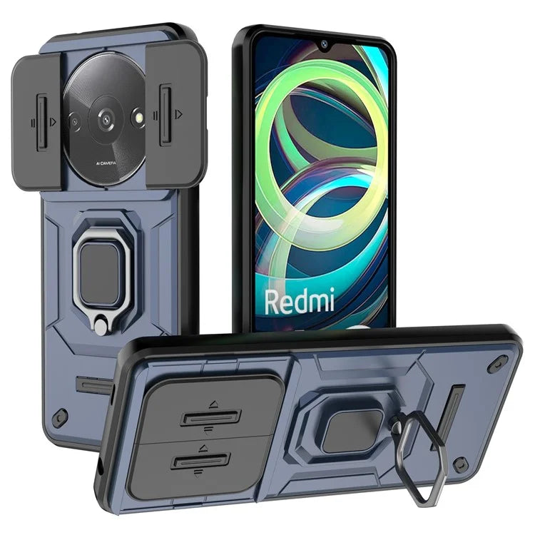 For Xiaomi Redmi A3 Case with Slide Camera Cover Ring Kickstand PC+TPU Phone Shell Protector