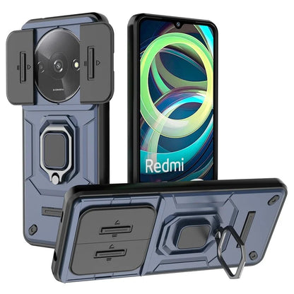 For Xiaomi Redmi A3 Case with Slide Camera Cover Ring Kickstand PC+TPU Phone Shell Protector