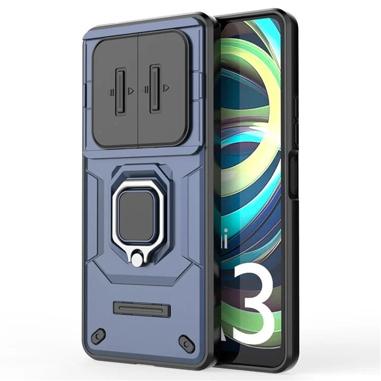 For Xiaomi Redmi A3 Case with Slide Camera Cover Ring Kickstand PC+TPU Phone Shell Protector