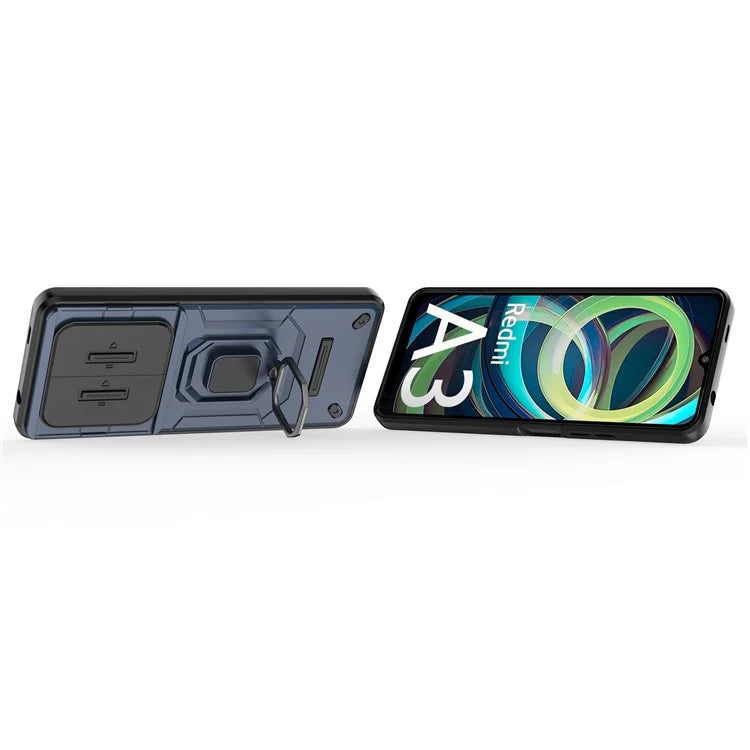 For Xiaomi Redmi A3 Case with Slide Camera Cover Ring Kickstand PC+TPU Phone Shell Protector