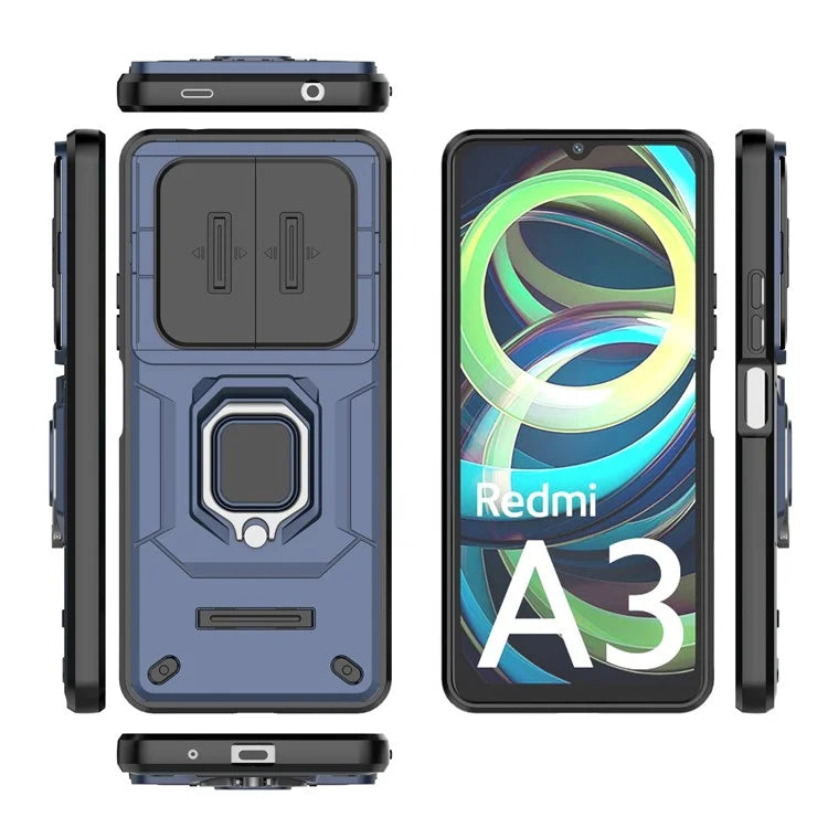 For Xiaomi Redmi A3 Case with Slide Camera Cover Ring Kickstand PC+TPU Phone Shell Protector