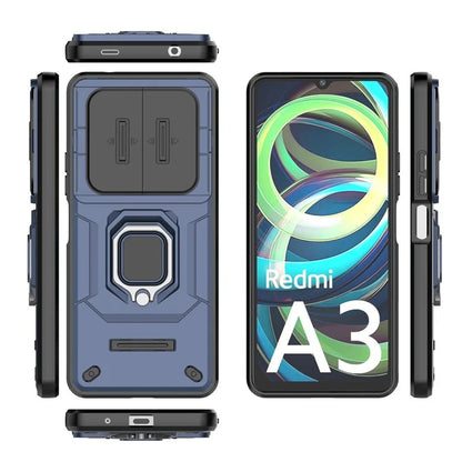 For Xiaomi Redmi A3 Case with Slide Camera Cover Ring Kickstand PC+TPU Phone Shell Protector