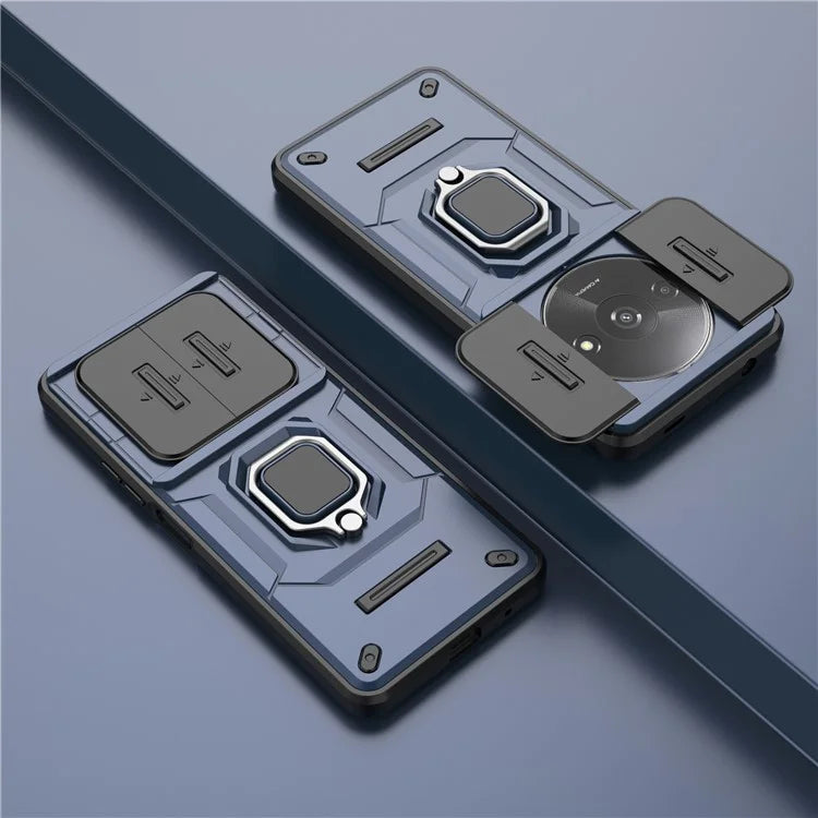 For Xiaomi Redmi A3 Case with Slide Camera Cover Ring Kickstand PC+TPU Phone Shell Protector