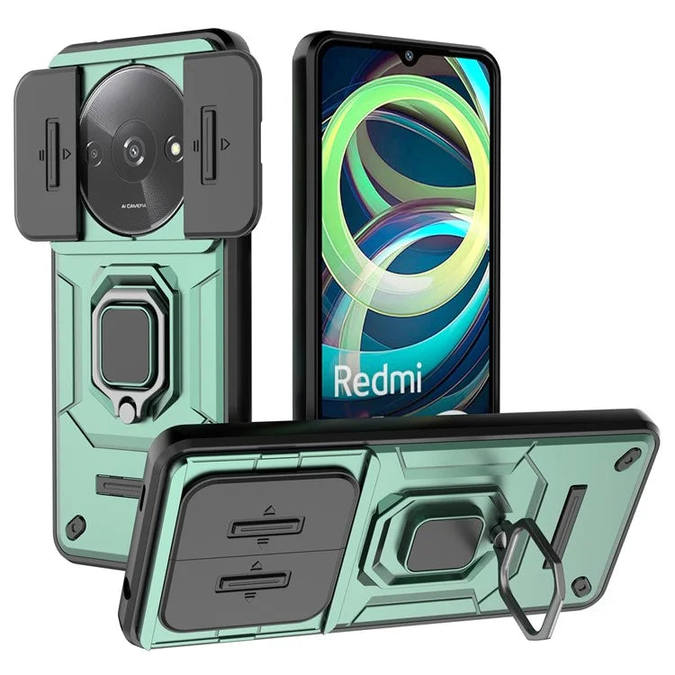 For Xiaomi Redmi A3 Case with Slide Camera Cover Ring Kickstand PC+TPU Phone Shell Protector