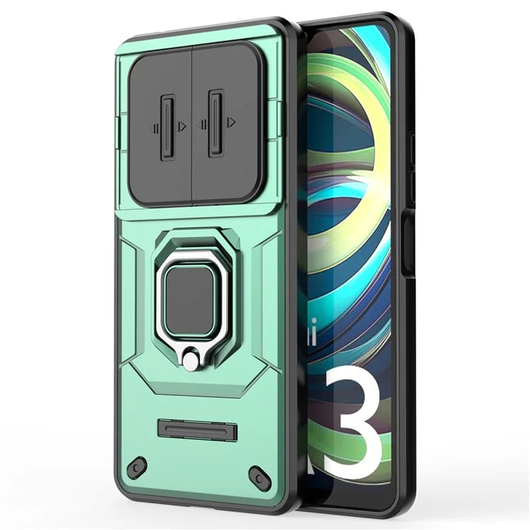 For Xiaomi Redmi A3 Case with Slide Camera Cover Ring Kickstand PC+TPU Phone Shell Protector