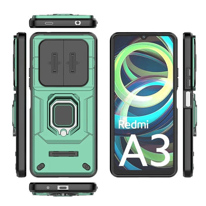 For Xiaomi Redmi A3 Case with Slide Camera Cover Ring Kickstand PC+TPU Phone Shell Protector