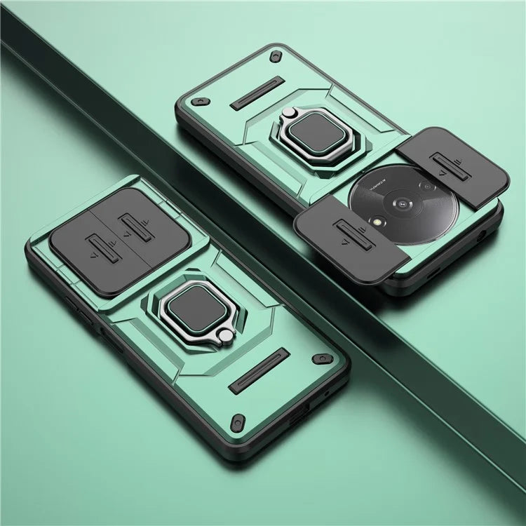 For Xiaomi Redmi A3 Case with Slide Camera Cover Ring Kickstand PC+TPU Phone Shell Protector