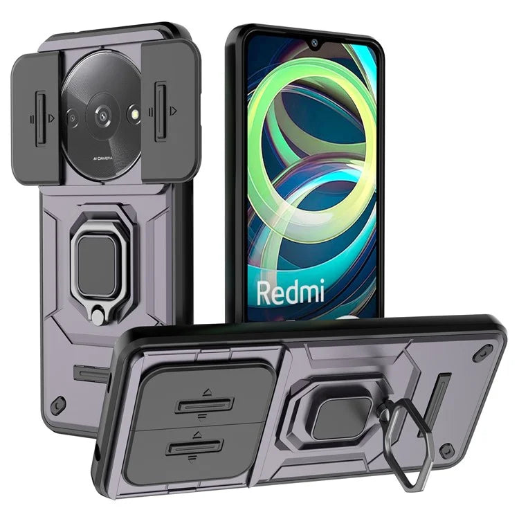 For Xiaomi Redmi A3 Case with Slide Camera Cover Ring Kickstand PC+TPU Phone Shell Protector