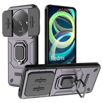 For Xiaomi Redmi A3 Case with Slide Camera Cover Ring Kickstand PC+TPU Phone Shell Protector