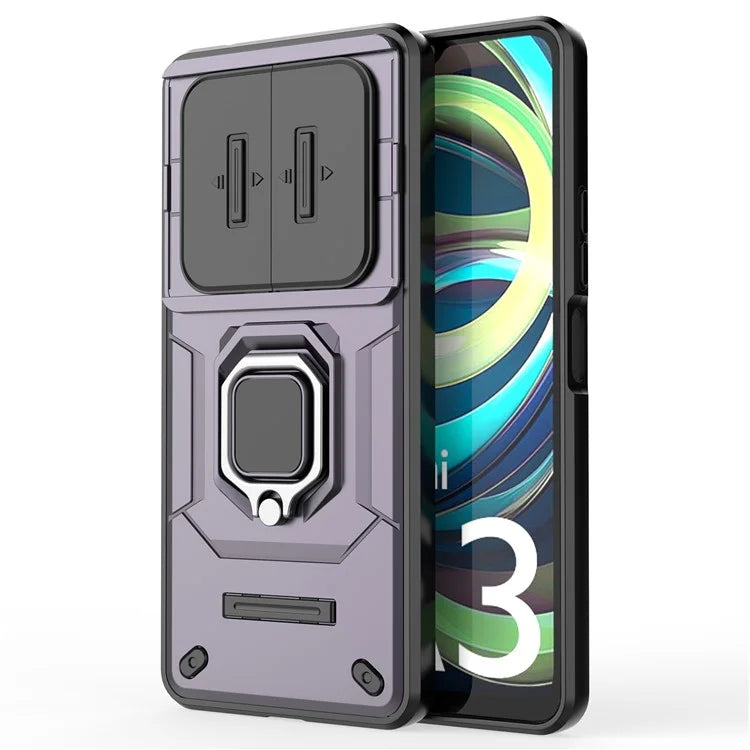 For Xiaomi Redmi A3 Case with Slide Camera Cover Ring Kickstand PC+TPU Phone Shell Protector