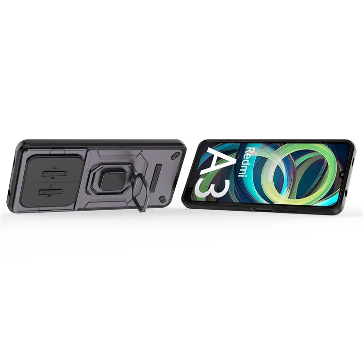 For Xiaomi Redmi A3 Case with Slide Camera Cover Ring Kickstand PC+TPU Phone Shell Protector