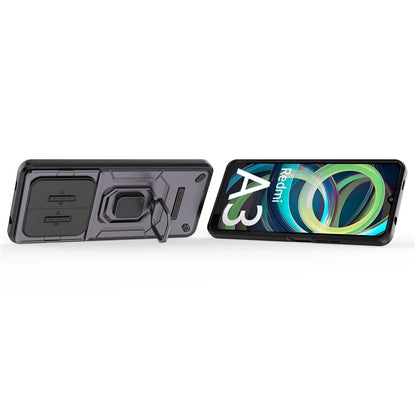For Xiaomi Redmi A3 Case with Slide Camera Cover Ring Kickstand PC+TPU Phone Shell Protector