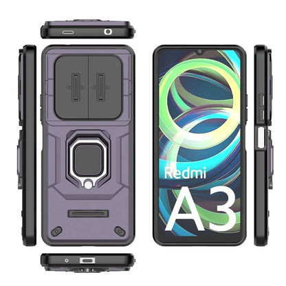 For Xiaomi Redmi A3 Case with Slide Camera Cover Ring Kickstand PC+TPU Phone Shell Protector