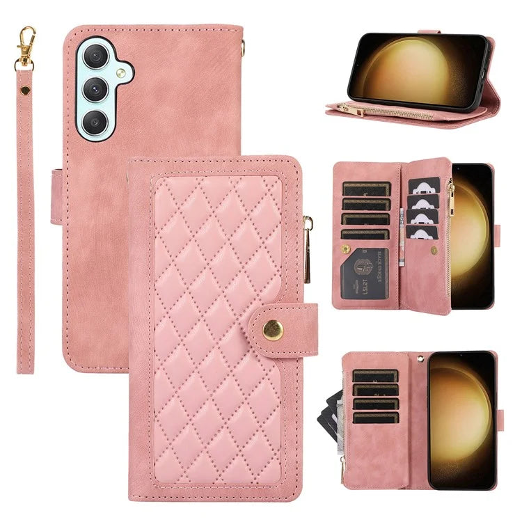 For Samsung Galaxy A55 5G Case Zipper Pocket Flip Leather Phone Cover Handbag