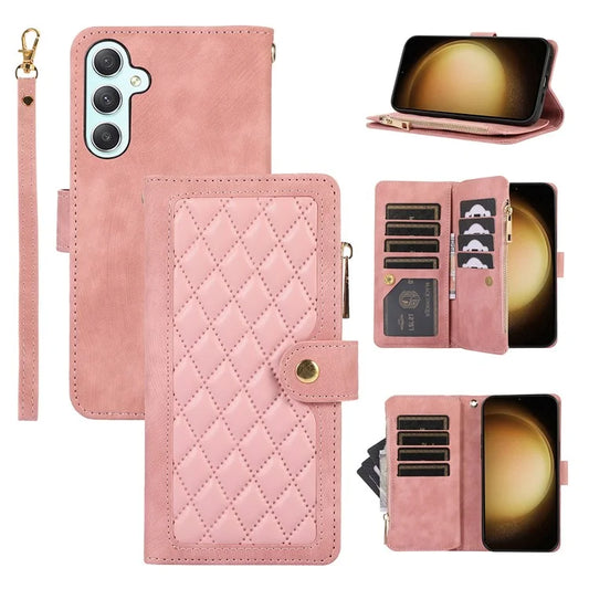 For Samsung Galaxy A15 4G / 5G Case Leather Zipper Pocket Wallet Phone Cover with Wrist Strap