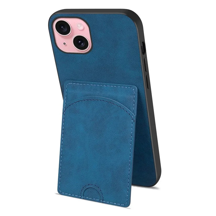 For iPhone 15 Kickstand Case Card Holder PU Leather Coated TPU Back Cover