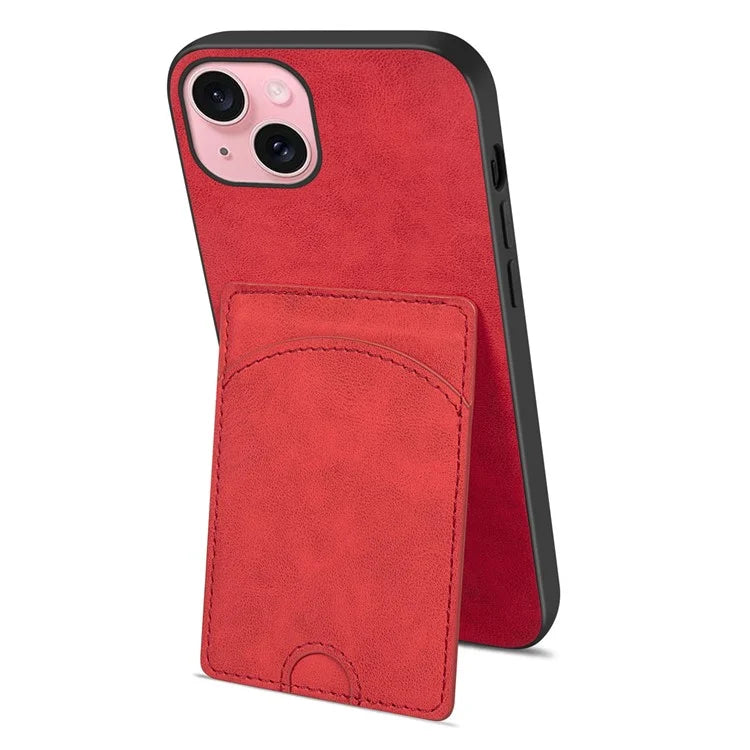 For iPhone 15 Kickstand Case Card Holder PU Leather Coated TPU Back Cover