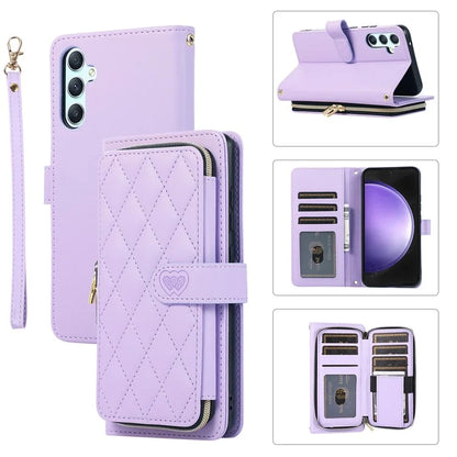 For Samsung Galaxy S23 FE Leather Case Rhombus Stitching Wallet Zipper Phone Cover with Strap