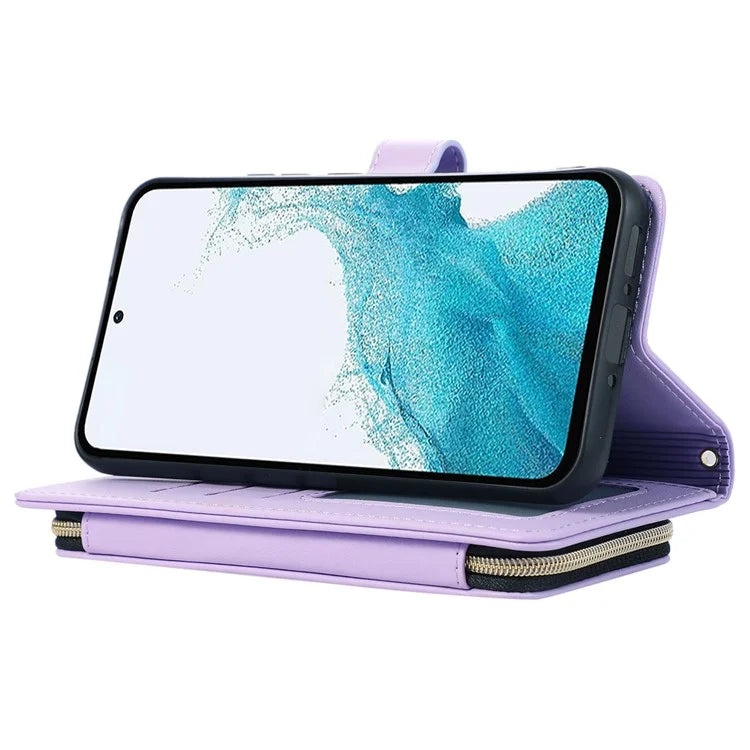 For Samsung Galaxy S23 FE Leather Case Rhombus Stitching Wallet Zipper Phone Cover with Strap