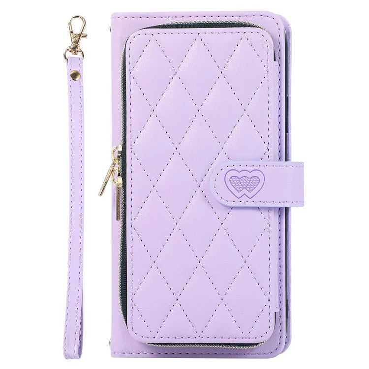 For Samsung Galaxy S23 FE Leather Case Rhombus Stitching Wallet Zipper Phone Cover with Strap