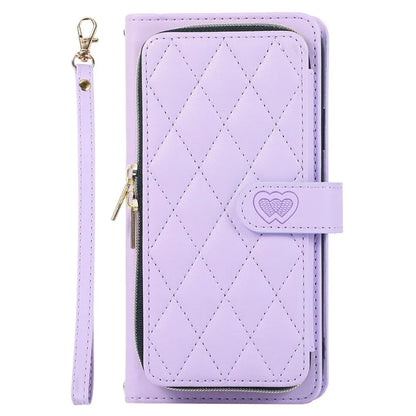 For Samsung Galaxy S23 FE Leather Case Rhombus Stitching Wallet Zipper Phone Cover with Strap